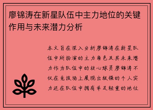廖锦涛在新星队伍中主力地位的关键作用与未来潜力分析
